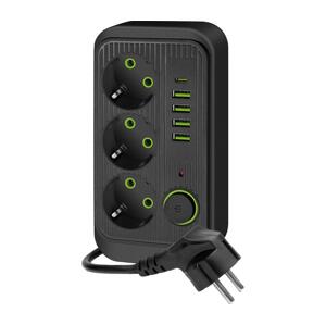 Rozbočovací zásuvka s vypínačem LINEA 3x230V + 5xUSB A/C černá