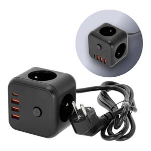 Prodlužovací kabel kostka s vypínačem LINEA 3x230V + 4xUSB A/C černá
