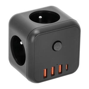 Rozbočovací zásuvka s vypínačem LINEA 3x230V + 4xUSB A/C černá