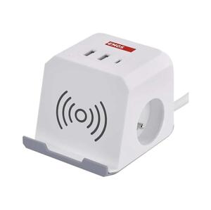 Prodlužovací kabel kostka s bezdrátovým nabíjením QI 2Z +2xUSB-A+1xUSB-C 2m bílá