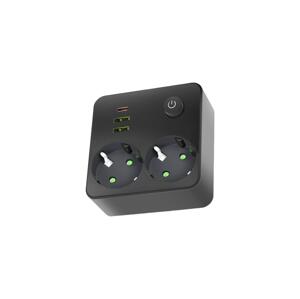 Rozbočovací zásuvka s vypínačem LINEA 2x230V + 3xUSB A/C SCHUKO černá 004318