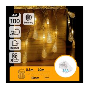 B.V.  - LED Ven. ván. řetěz 100xLED/8 funkcí 3xAA 10m IP44 teplá bílá kapky B10303K59