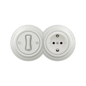 lap - Retro jednopólový vypínač č. 1 a zásuvka SCHUKO 230V s rámečkem bílá 2xKA0008+KA0001+KA0106