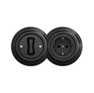 lap - Retro jednopólový vypínač č. 1 a zásuvka SCHUKO 230V s rámečkem černá 2xKA0017+KA0010+KA0107