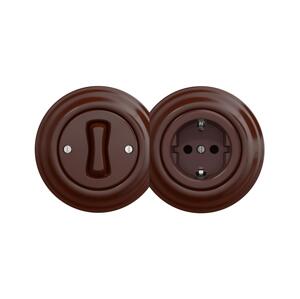 lap - Retro jednopólový vypínač č. 1 a zásuvka SCHUKO 230V s rámečkem hnědá 2xKA0035+KA0028+KA0109