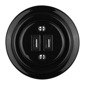 Bohemia-Design - Porcelánová retro USB napájecí zásuvka s rámečkem 2xUSB-A černá 12359390